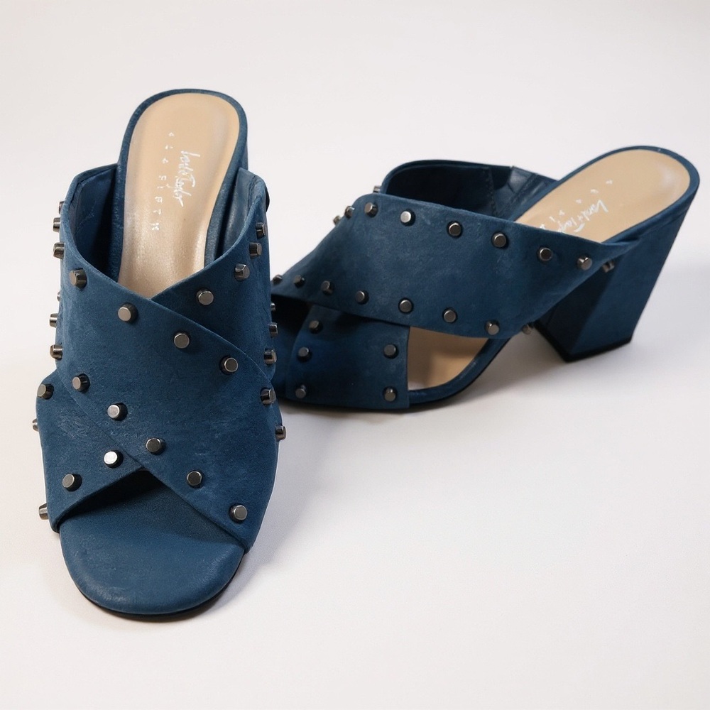 Lord & Taylor 424 Fifth Blue Suede Studded Block Heel Mules Shoes 8.5